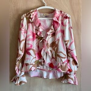 Elie Tahari Pink Floral Ruffle Tie Front Topper Blouse XS